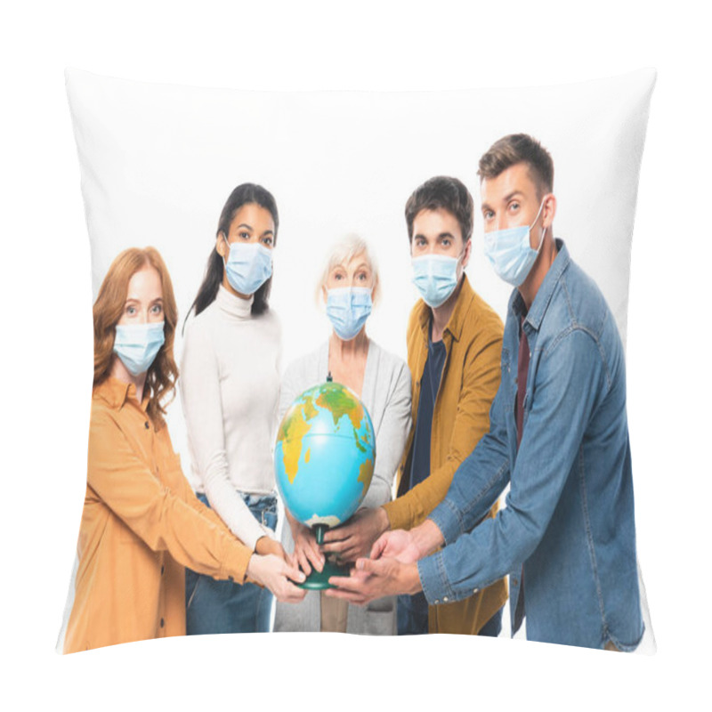 Personality  Multicultural People In Medical Masks Looking At Camera While Holding Globe Isolated On White Pillow Covers