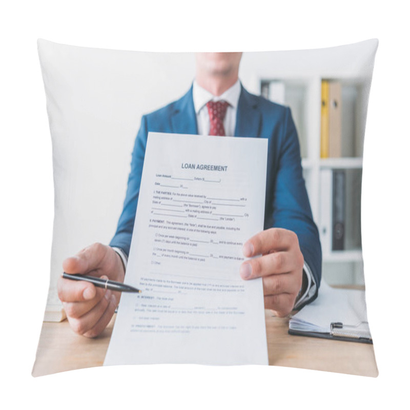 Personality  Cropped View Of Manager Pointing With Pen At Loan Agreement Pillow Covers