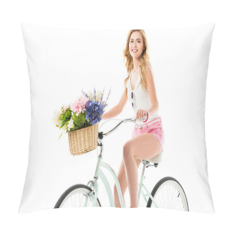 Personality  Attractive Young Woman Riding Bicycle With Flowers In Basket Isolated On White Pillow Covers