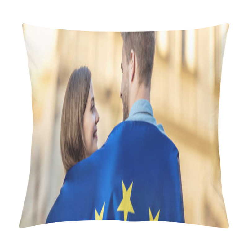 Personality  Panoramic Shot Of Young Couple Of Tourists, Wrapped In Flag Of European Union, Looking At Each Other On Street Pillow Covers