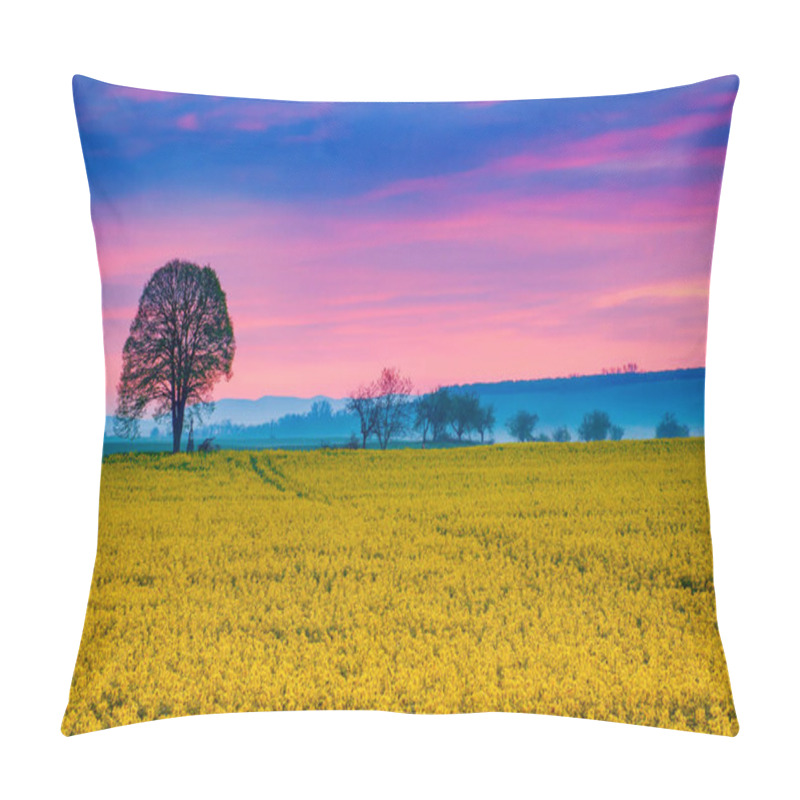 Personality  Rapeseed Yellow Field In Spring At Sunrise With Single Tree And Colorful Sky, Abstract Natural Eco Seasonal Background Pillow Covers