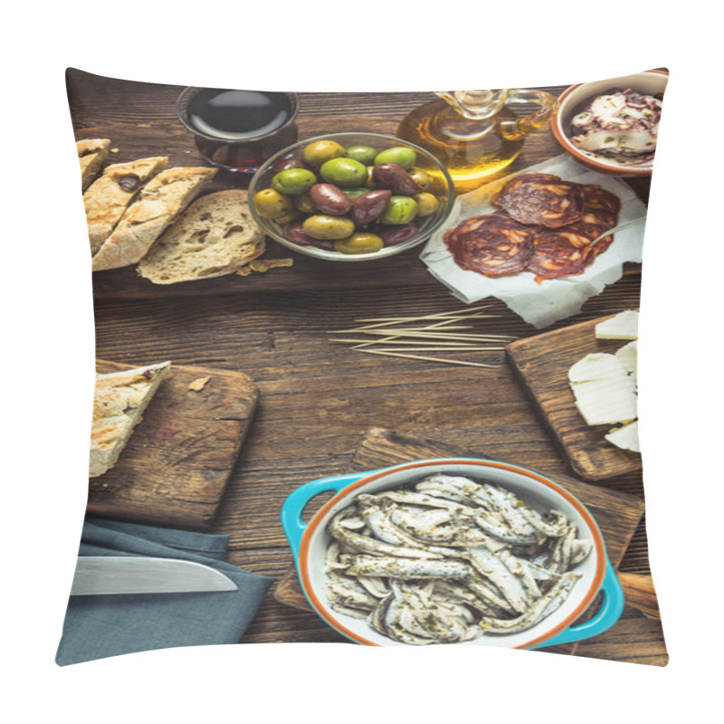 Personality  Tapas On Kitchen Table, From Overhead, Copy Space Pillow Covers