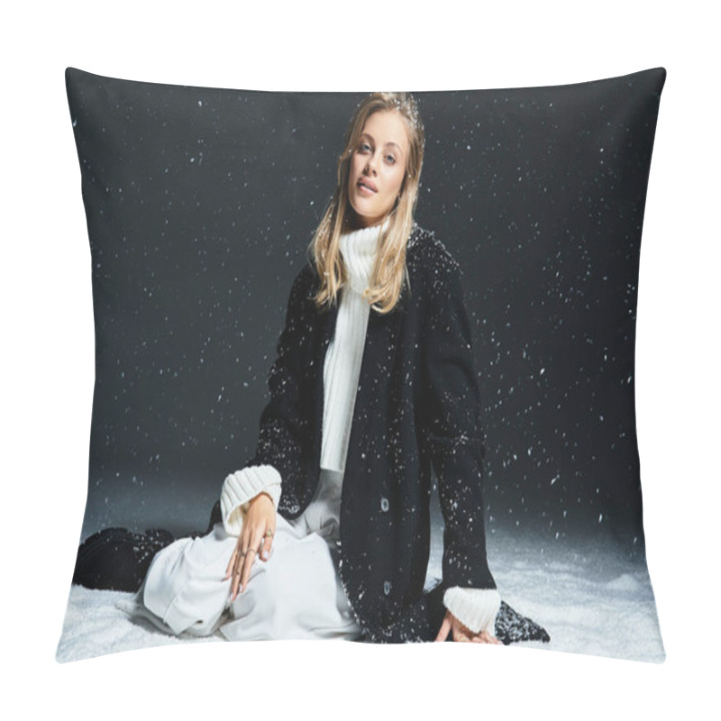 Personality  A Beautiful Woman In Stylish Winter Attire Enjoys The Snowy Ambiance In A Calm Atmosphere. Pillow Covers