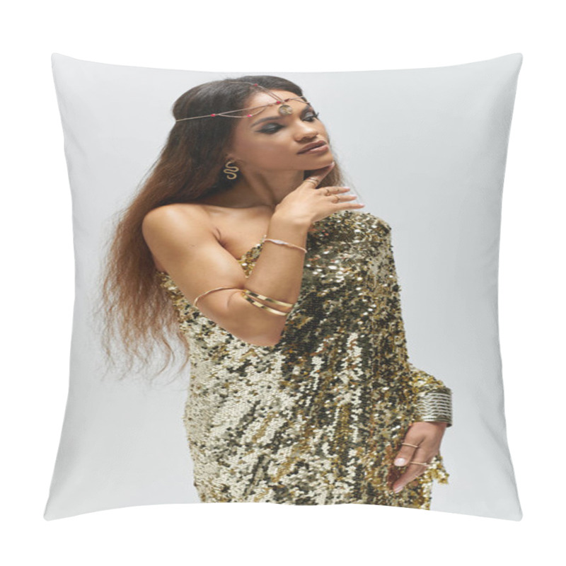 Personality  The Elegant African American Goddess Captivates In A Shiny Golden Dress, Radiating Beauty And Poise. Pillow Covers