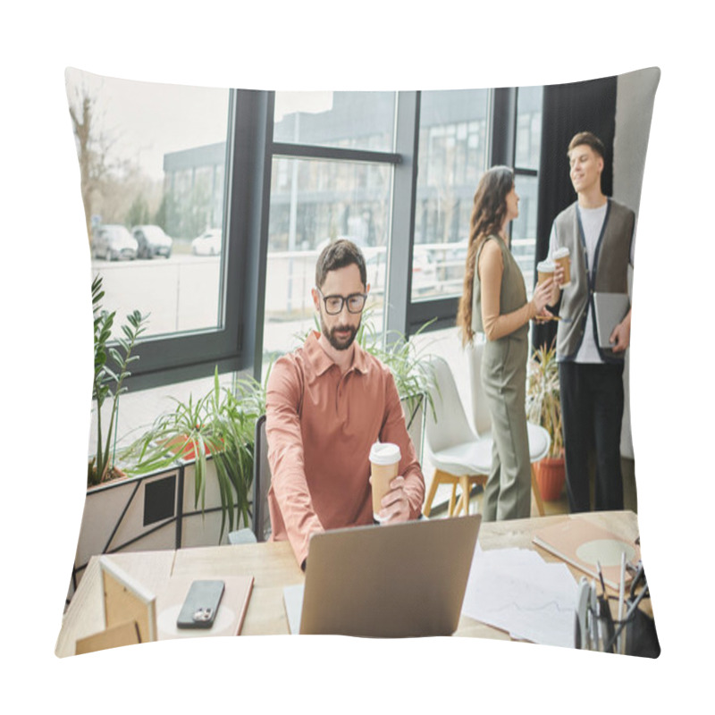 Personality  Colleagues Engage In Heartfelt Discussions In Modern Office. Pillow Covers