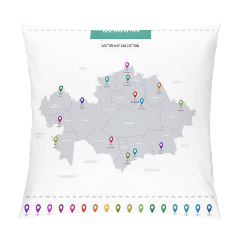 Personality  Kazakhstan Map With Location Pointer Marks. Infographic Vector Template, Isolated On White Background.  Pillow Covers