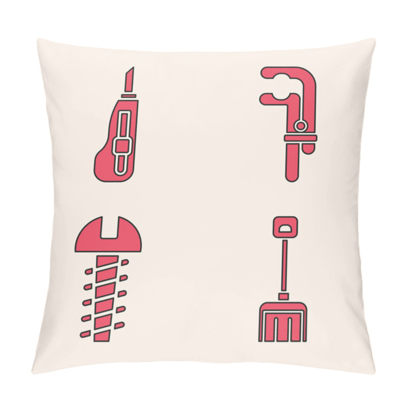 Personality  Set Snow Shovel, Stationery Knife, Clamp Tool And Metallic Screw Icon. Vector. Pillow Covers