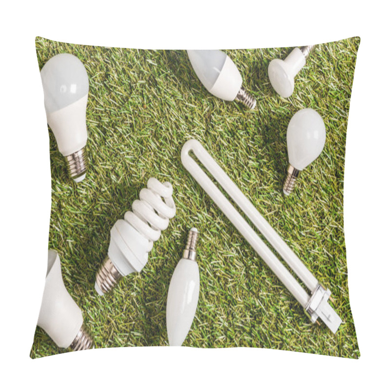 Personality  Top View Of Fluorescent Lamps On Green Grass, Energy Efficiency Concept Pillow Covers