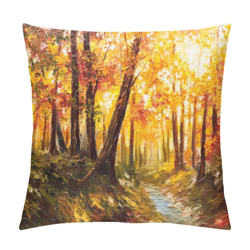 Personality  Oil Painting Landscape - Autumn Forest Near The River, Orange Leaves Pillow Covers