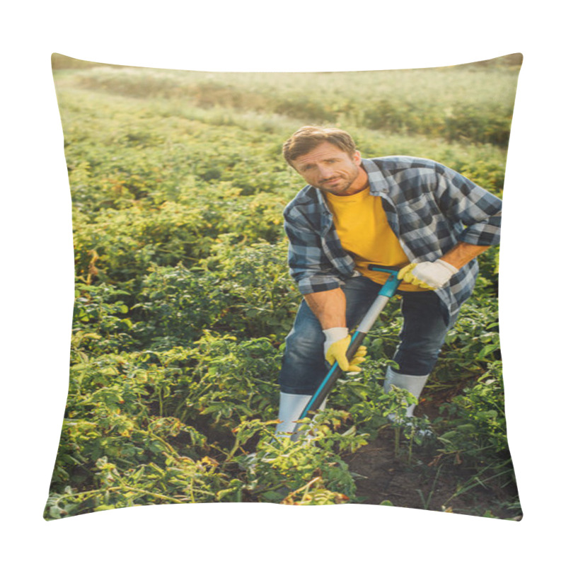 Personality  Rancher In Checkered Shirt, Gloves And Rubber Boots Digging In Field While Looking At Camera Pillow Covers