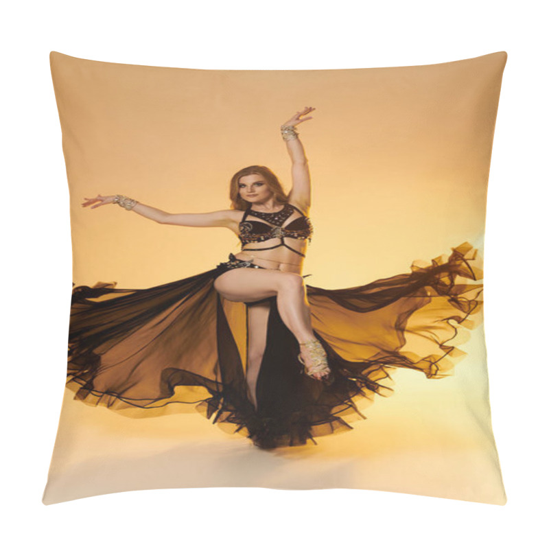 Personality  Woman In Black And Yellow Dress Gracefully Belly Dancing. Pillow Covers