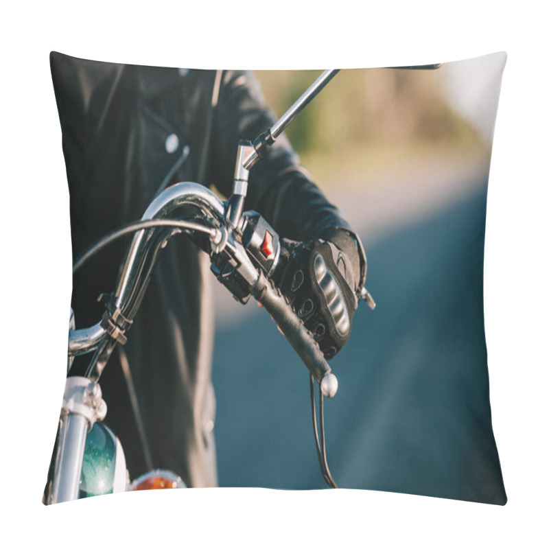 Personality  Cropped View Of Biker Sitting On Classic Motorcycle Pillow Covers