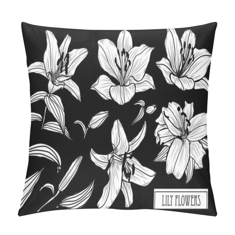 Personality  Decorative Lily Flowers Set, Design Elements. Can Be Used For Cards, Invitations, Banners, Posters, Print Design. Floral Background In Line Art Style Pillow Covers