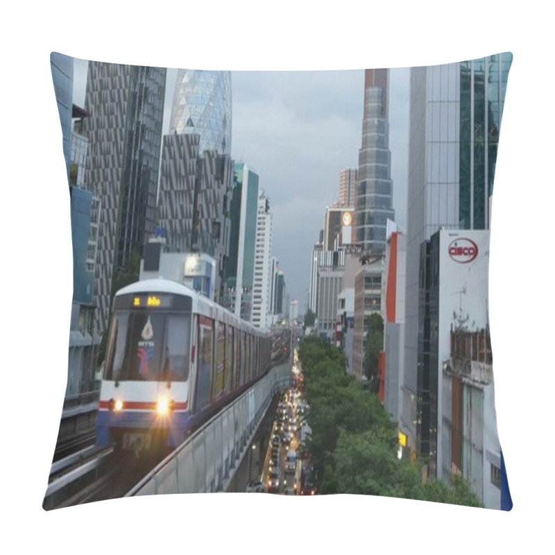 Personality  BANGKOK, THAILAND - 10 JULY, 2019: View Of Modern Asian City From Bts Sky Train Platform. Train On Metro Rail Road Station. Public Transportation In Krungtep Downtown. Evening Steet Traffic In Asia Pillow Covers