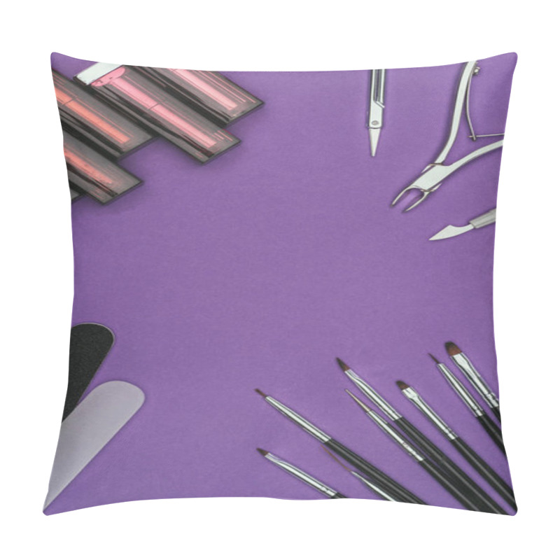 Personality  Top View Of Lipsticks And Manicure Tools Isolated On Purple Pillow Covers