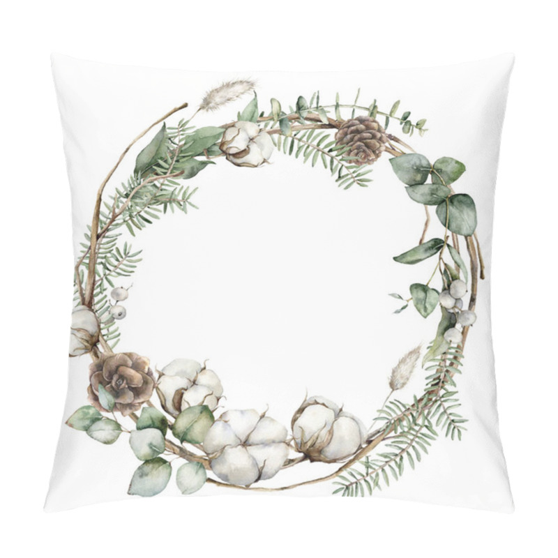 Personality  Watercolor Christmas Wreath With Fir Branches, Cotton And Lagurus. Hand Painted Holiday Frame With Plants Isolated On White Background. Floral Illustration For Design, Print, Fabric Or Background. Pillow Covers