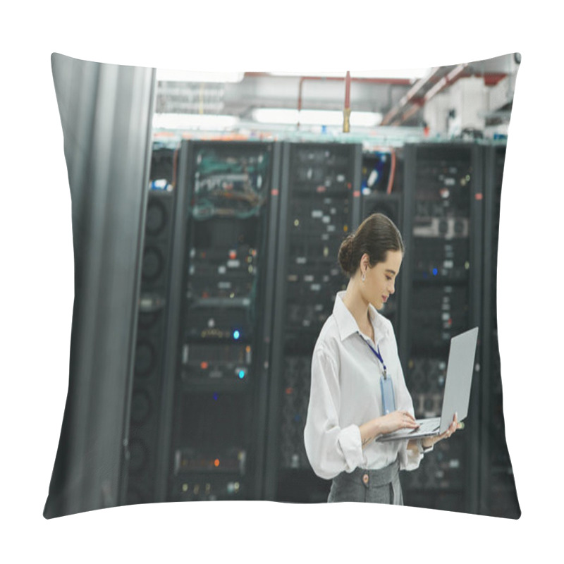 Personality  An IT Specialist In A White Shirt Works Diligently In A Busy Server Room, Handling Technology. Pillow Covers