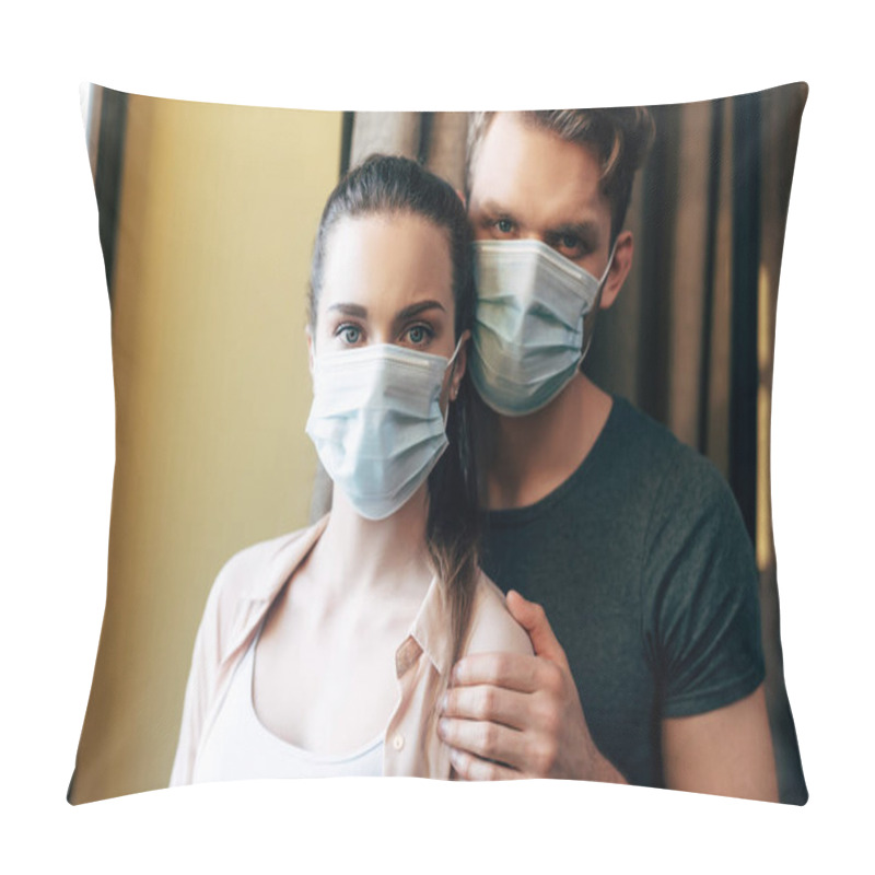 Personality  Man Hugging Girlfriend In Medical Mask And Looking At Camera  Pillow Covers