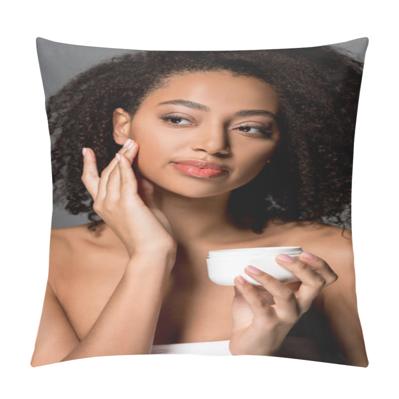 Personality  Tender African American Girl Applying Face Cream, Isolated On Grey Pillow Covers