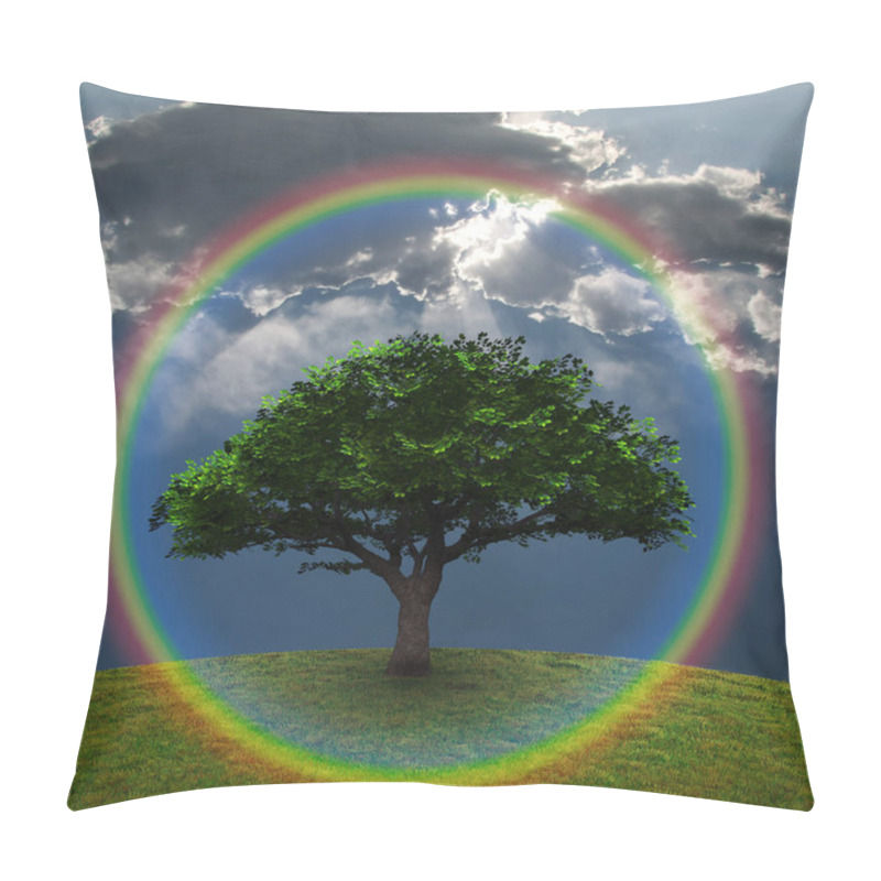 Personality  Green Tree. Dramatic Clouds And Rainbow. 3D Rendering. Pillow Covers