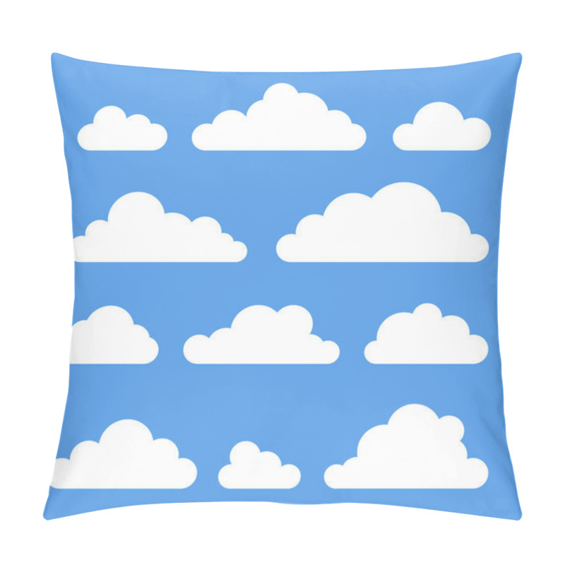 Personality  Set Of Funny Clouds In Flat Style On Blue Background. Hand Drawn Illustration Cartoon Sky. Creative Art Work. Actual Vector Weather Drawing Pillow Covers