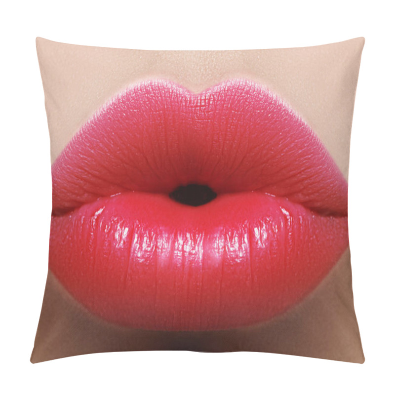 Personality  Close-up Perfect Red Lip Makeup Beautiful Female Mouth. Plump Sexy Full Lips. Macro Photo Face Detail. Perfect Clean Skin, Fresh Lip Make-up. Beautiful Juicy Lips Pillow Covers