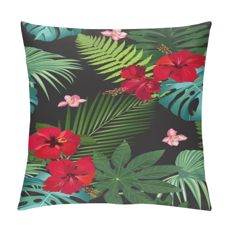 Personality  Seamless Vector Pattern Tropical Leaves With Red Hibiscus Flower And Pink Orchid On Black Background Pillow Covers