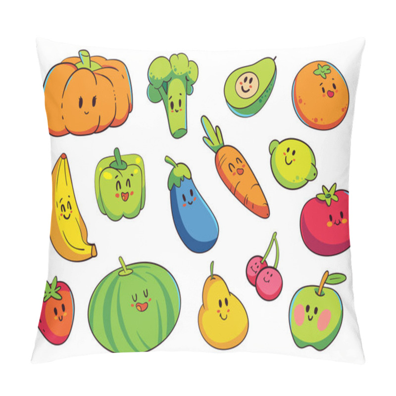 Personality  Fruits And Vegetables With Funny Faces In Comic Style. Concept Design. Colorful Cartoon Characters. Funny Vector Illustration. Isolated On White Background. Set Pillow Covers