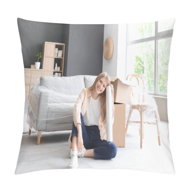 Personality  Young Woman With Stretch Wrap Sitting In Room On Moving Day Pillow Covers