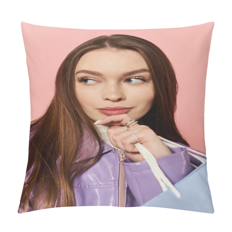 Personality  A Stylish Woman With Long Hair Holds A Shopping Bag Against A Pink Backdrop. Pillow Covers