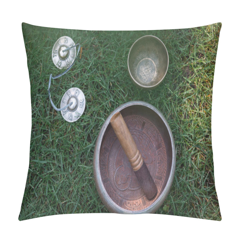 Personality  Top View Of Tibetan Singing Bowls On Green Grass In Park Pillow Covers