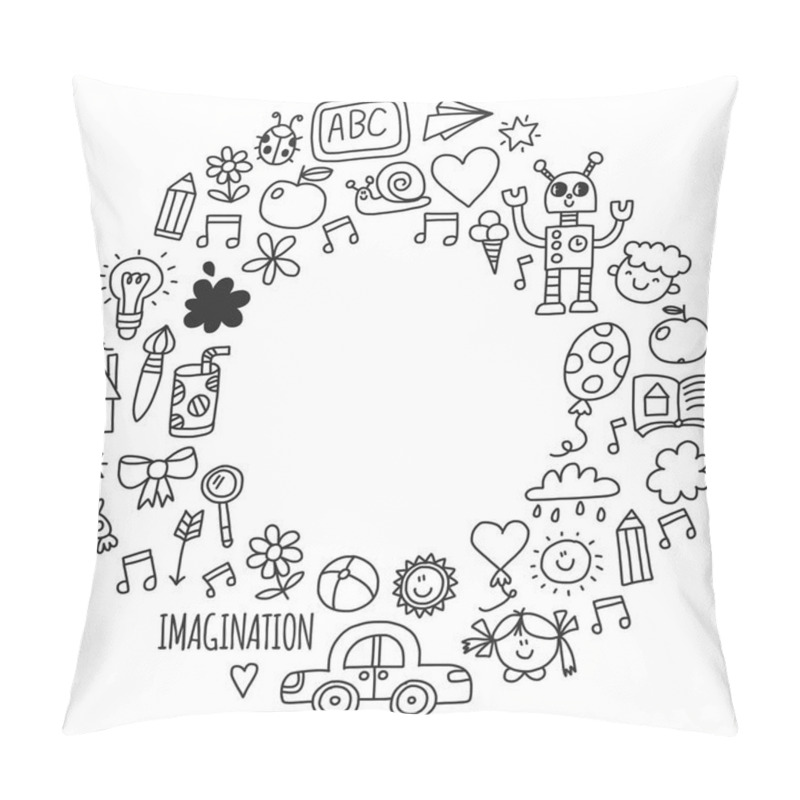 Personality  School, Kindergarten. Happy Children. Creativity, Imagination Doodle Icons With Kids. Play, Study, Grow Happy Students Science And Research Adventure Explore Pillow Covers