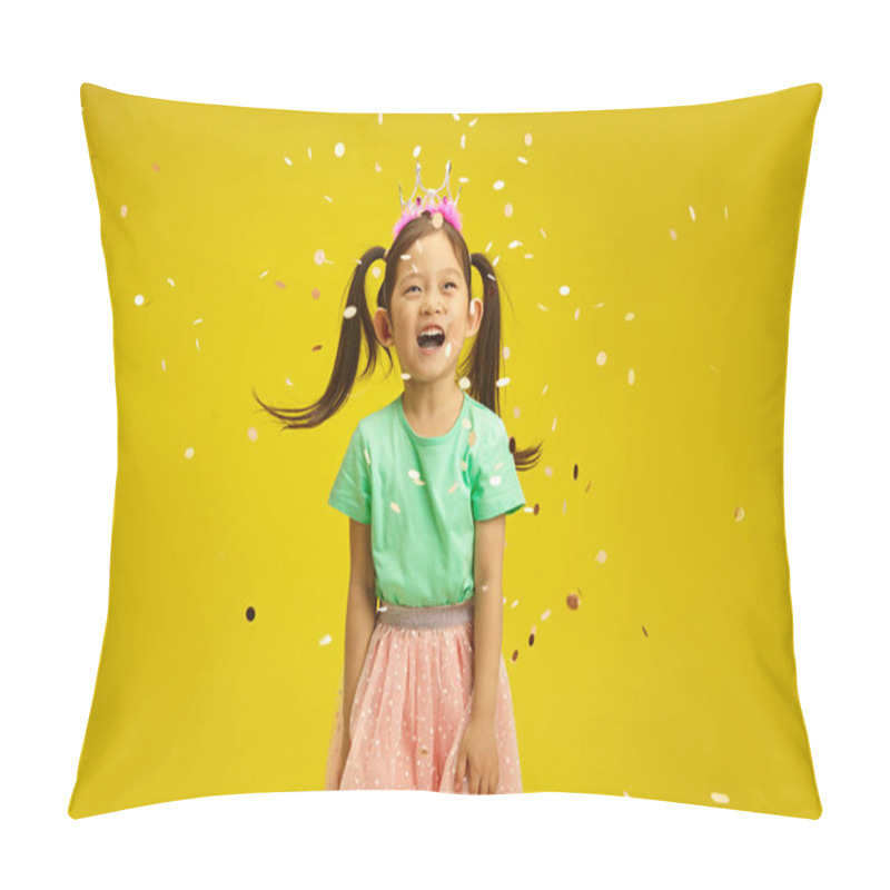 Personality  Pretty And Laughing Child Girl In A Princess Crown, Joyfully Throws Up Confetti, Cheerful Looking Up To Glitters, Having Happy Expression Standing Against Yellow Backdrop With A Free Copy Space Pillow Covers