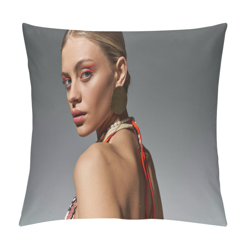 Personality  Stylish Blonde Woman In Bikini Striking A Pose. Pillow Covers