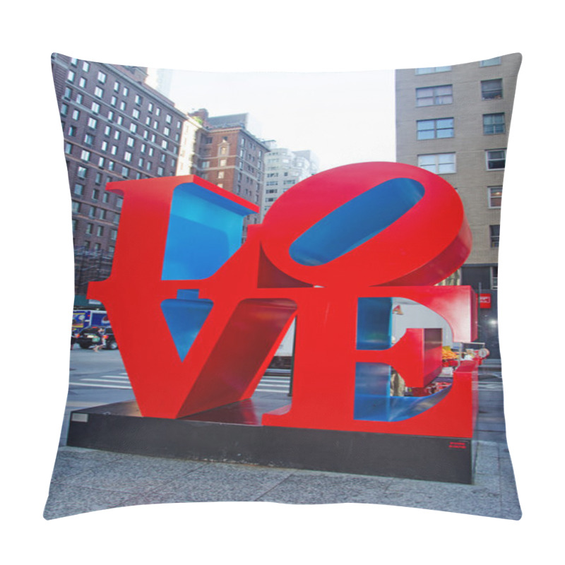 Personality  New York City: The Skyline Of The City With View Of The Love Sculpture, An Iconic Pop Art Work By American Artist Robert Indiana At The Intersection Of Sixth Avenue And W 55th Street Pillow Covers