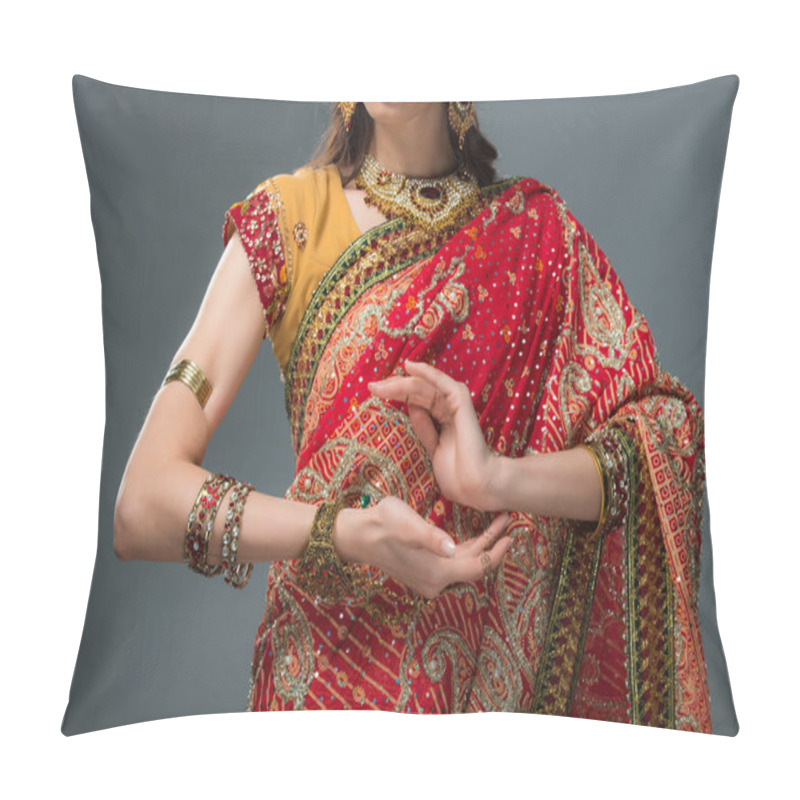 Personality  Cropped View Of Attractive Indian Woman Gesturing In Traditional Clothing, Isolated On Grey  Pillow Covers