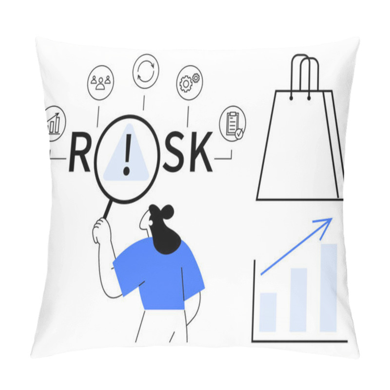 Personality  Businessperson Examining Risk Factors With Magnifying Glass Over Word RISK, Interconnected Icons, Shopping Bag, And Upward Growth Chart. Ideal For Business Strategy, Risk Management, Retail Pillow Covers