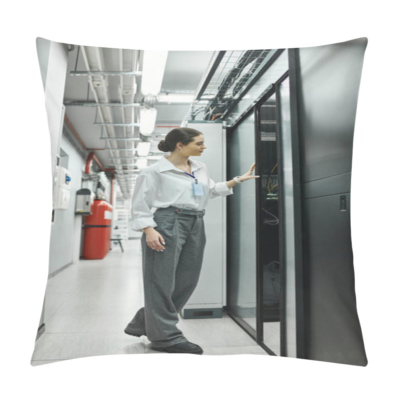 Personality  A Woman In A White Shirt Inspects Server Hardware While Ensuring Digital Security In A Tech Setting. Pillow Covers