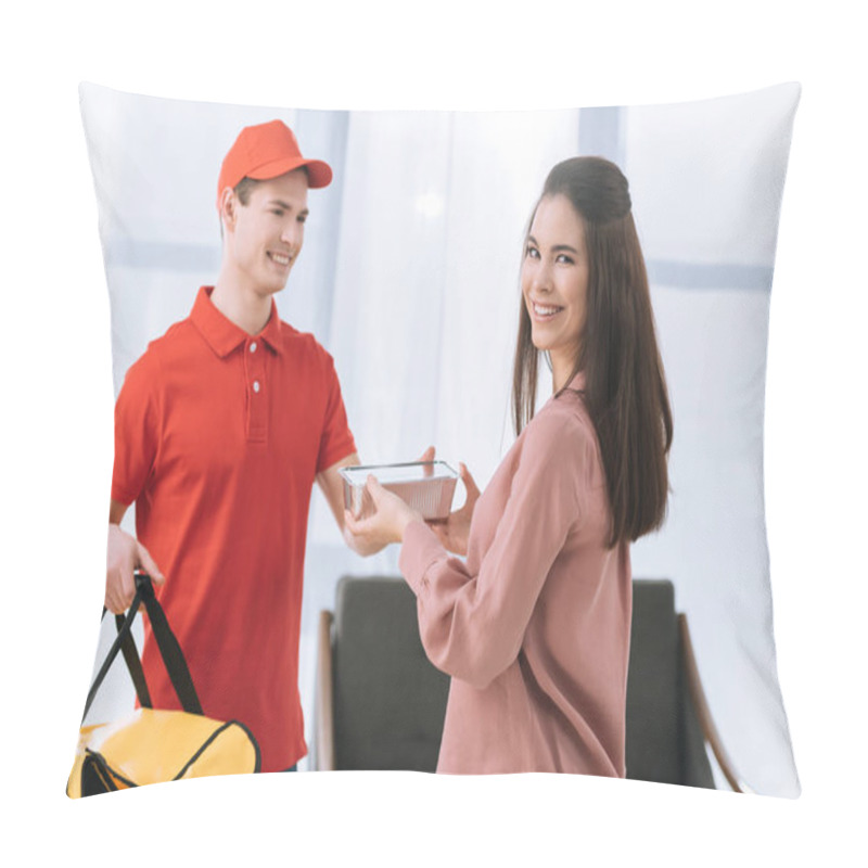 Personality  Beautiful Woman Smiling At Camera Near Courier With Food Container  Pillow Covers