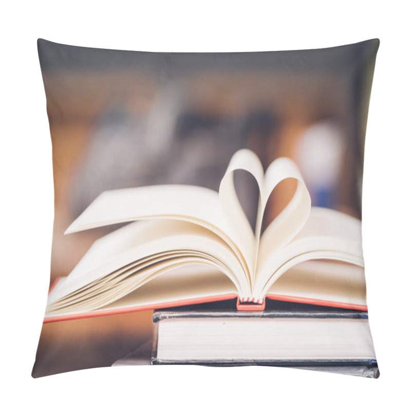 Personality  Love To Reading A Book Concept. Open Book With Heart Shape By Books Page In Vintage Style. Education, Valentines Day Background. Pillow Covers