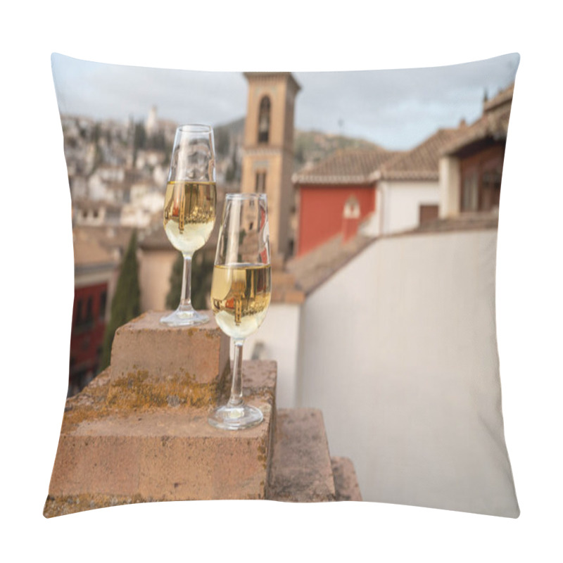 Personality  Tasting Of Sweet And Dry Fortified Vino De Jerez Sherry Wine With View On Roofs And Houses Of Old Andalusian Town, South Of Spain Pillow Covers