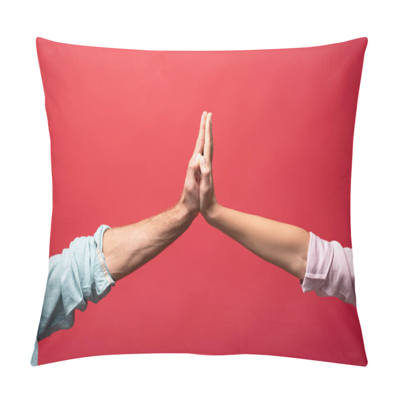 Personality  Partial View Of Couple Giving High Five, Isolated On Red Pillow Covers