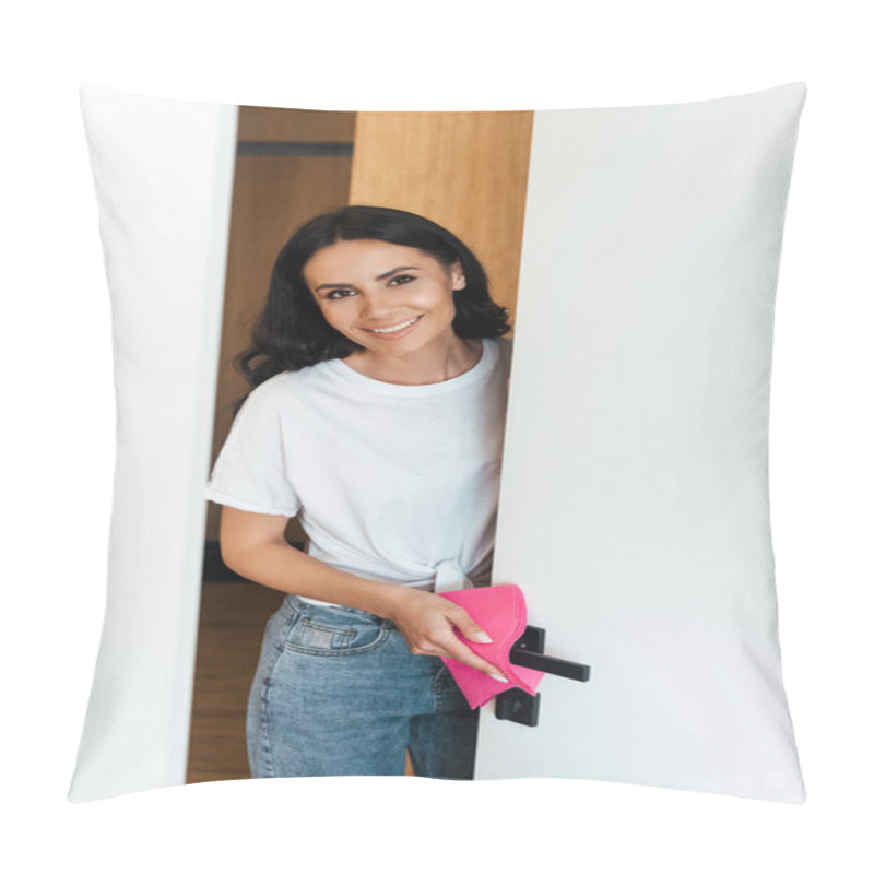 Personality  Smiling Attractive Woman Cleaning Door Handle With Pink Rag  Pillow Covers