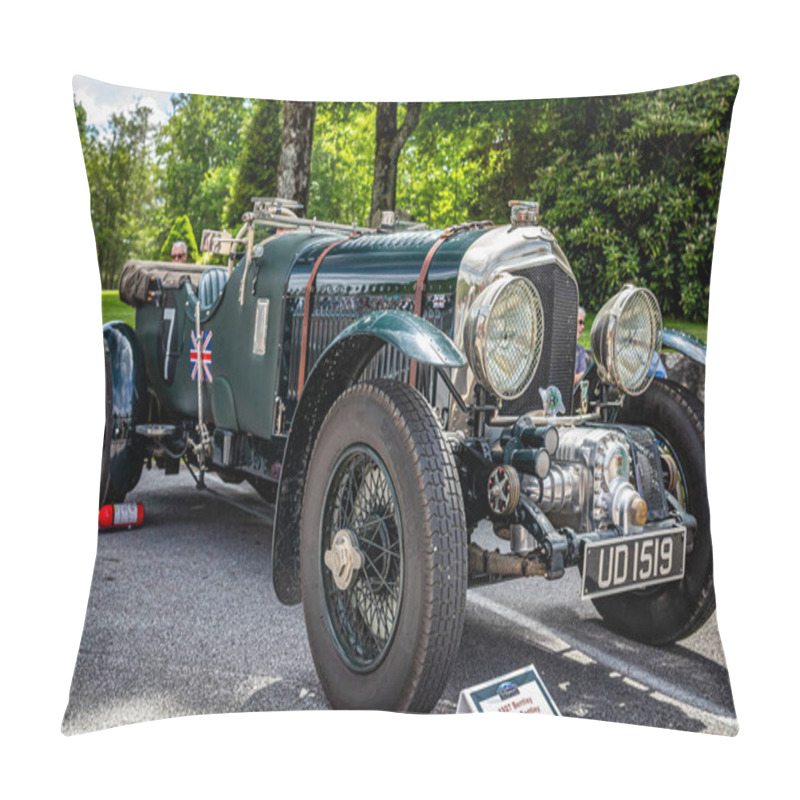 Personality  Highlands, NC - June 11, 2022: Low Perspective Front Corner View Of A 1927 Bentley 4.5 Litre Blower At A Local Car Show. Pillow Covers