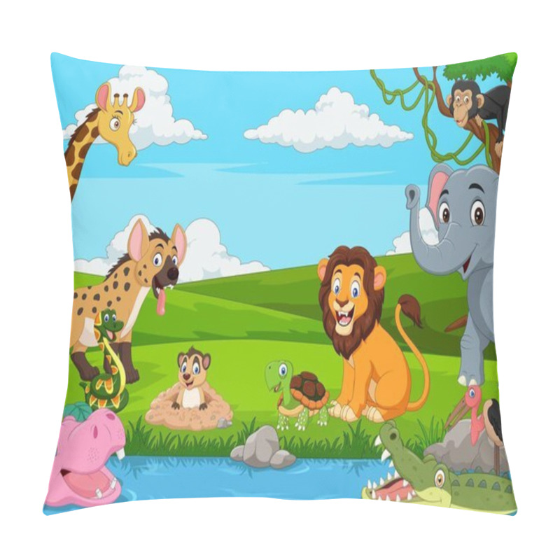 Personality  Cartoon African Landscape With Wild Animals Pillow Covers