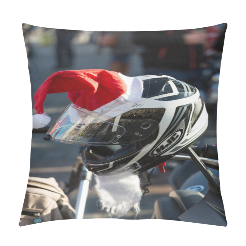 Personality  The Parade Of Santa Clauses On Motorcycles Around The Main Market Square In Cracow. Poland Pillow Covers