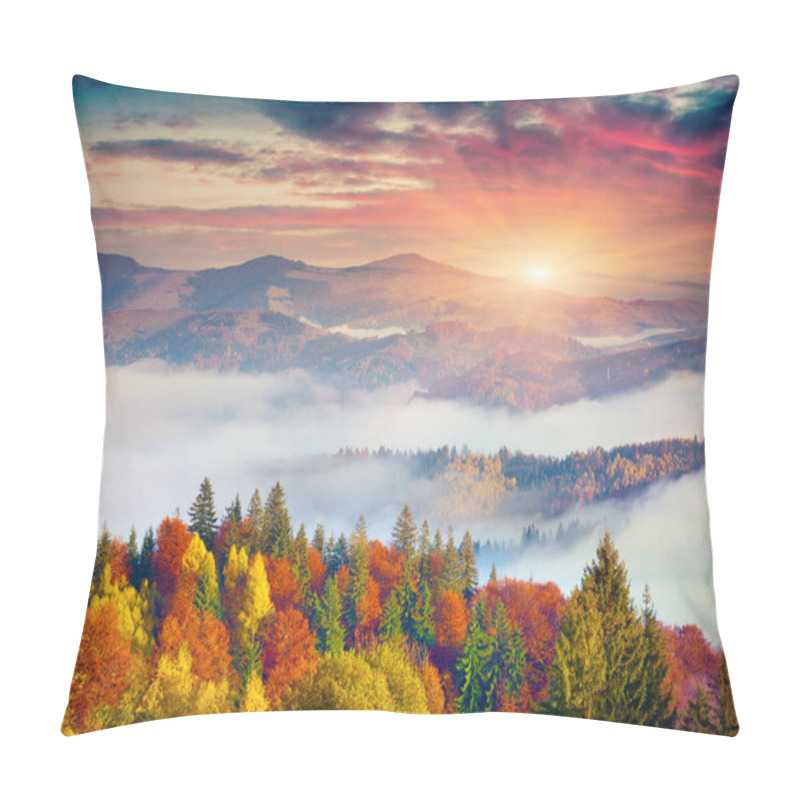 Personality  Colorful Autumn Scene In Carpathian Mountains. Dramatic Sunrise On Sokilsky Ridge, Ukraine, Europe. Artistic Style Post Processed Photo. Pillow Covers