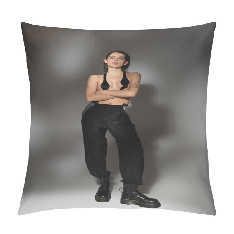 Personality  Full Length Of Sexy Shirtless Woman In Black Pants And Breast Tape Posing With Crossed Arms On Grey Background Pillow Covers