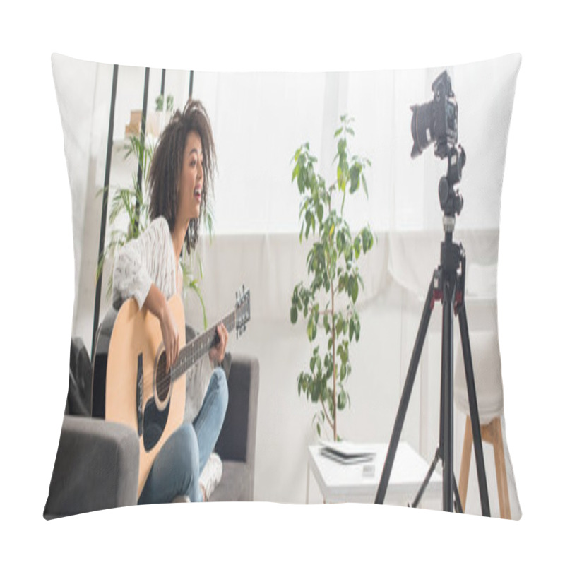 Personality  Panoramic Shot Of Beautiful African American Influencer In Braces Playing Acoustic Guitar Near Digital Camera  Pillow Covers