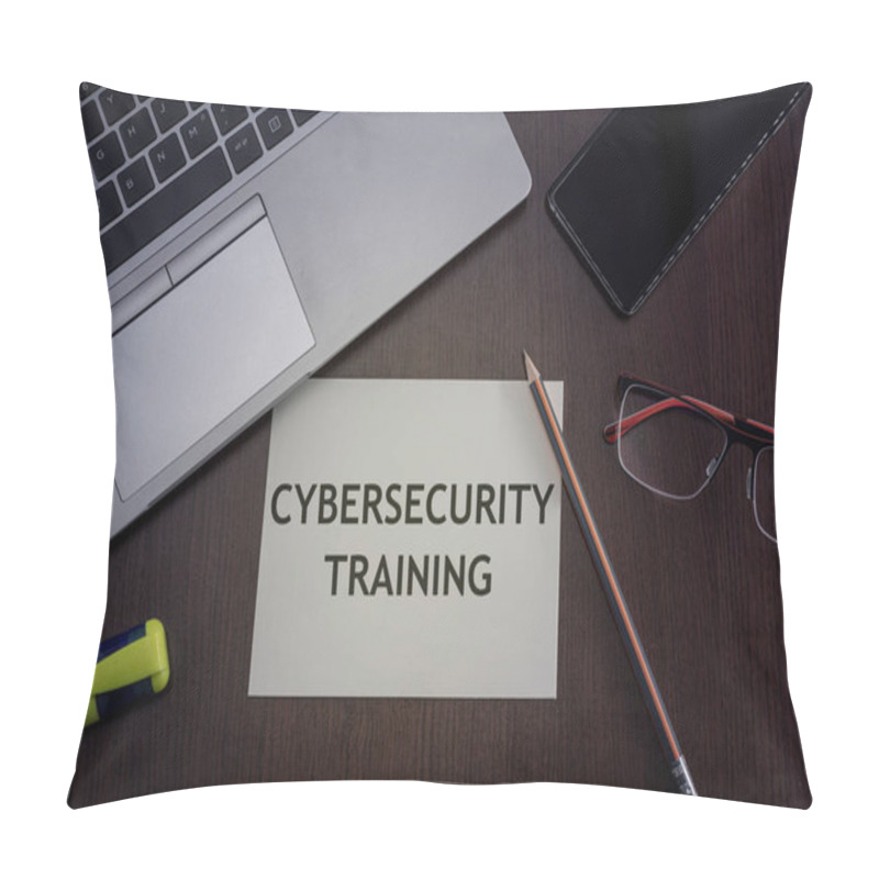 Personality  Cybersecurity Training Concept. Top View Of Laptop, Phone, Glasses And Pencil With Card With Inscription Cybersecurity Training. Pillow Covers